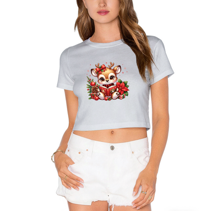 Adorable Reading Reindeer Christmas Holiday Crop Top