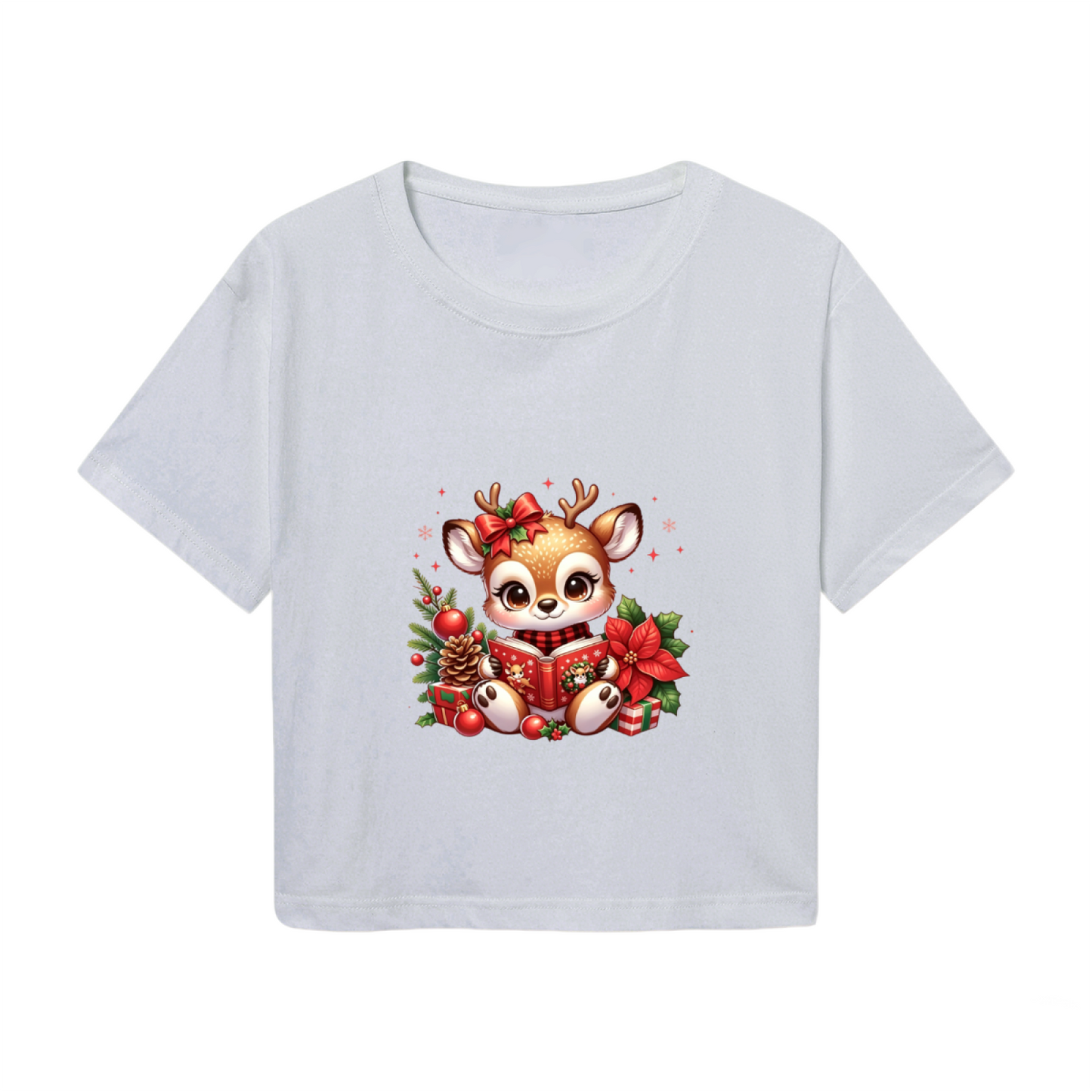 Adorable Reading Reindeer Christmas Holiday Crop Top