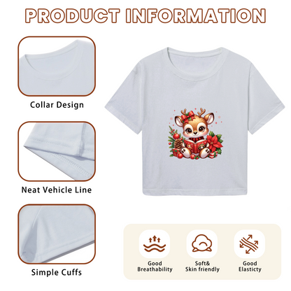 Adorable Reading Reindeer Christmas Holiday Crop Top