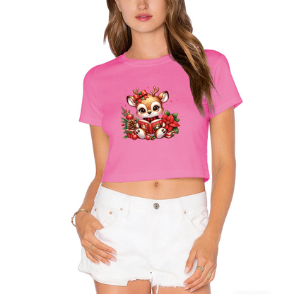 Adorable Reading Reindeer Christmas Holiday Crop Top
