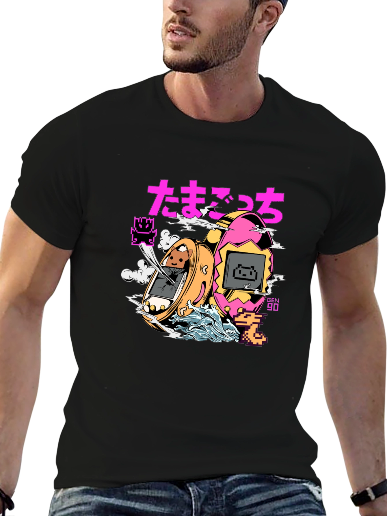 Retro Tamagotchi Graphic T-Shirt - Black