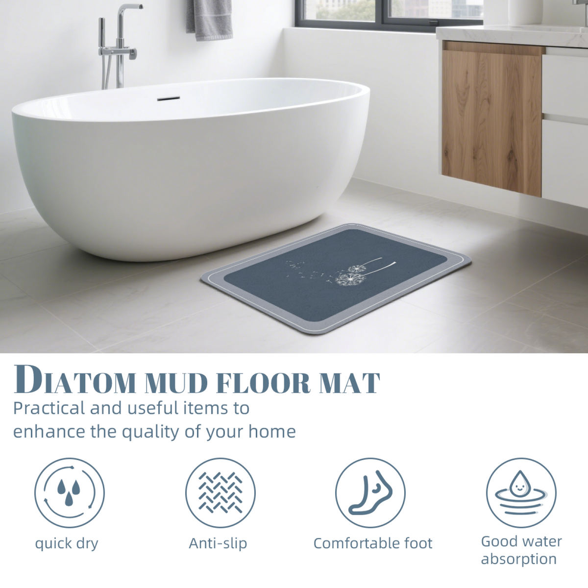 Dandelion Seed Floating Silhouette Diatomite Bath Mat
