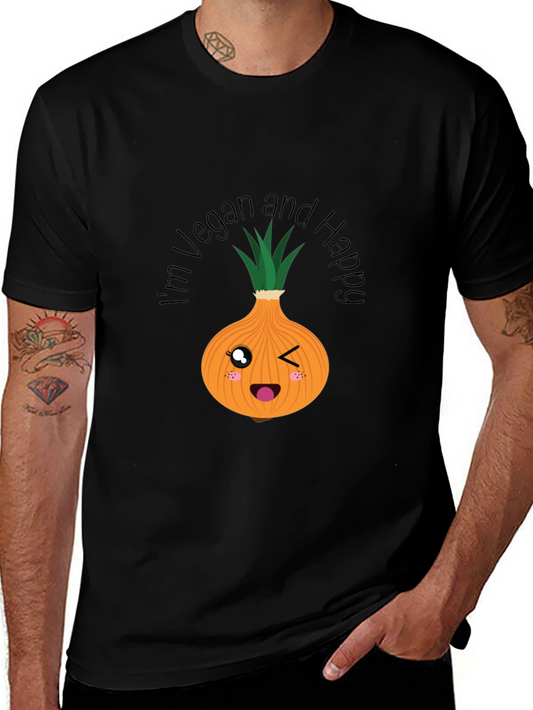 Vegan & Happy Onion Graphic Tee - Black Cotton T-Shirt