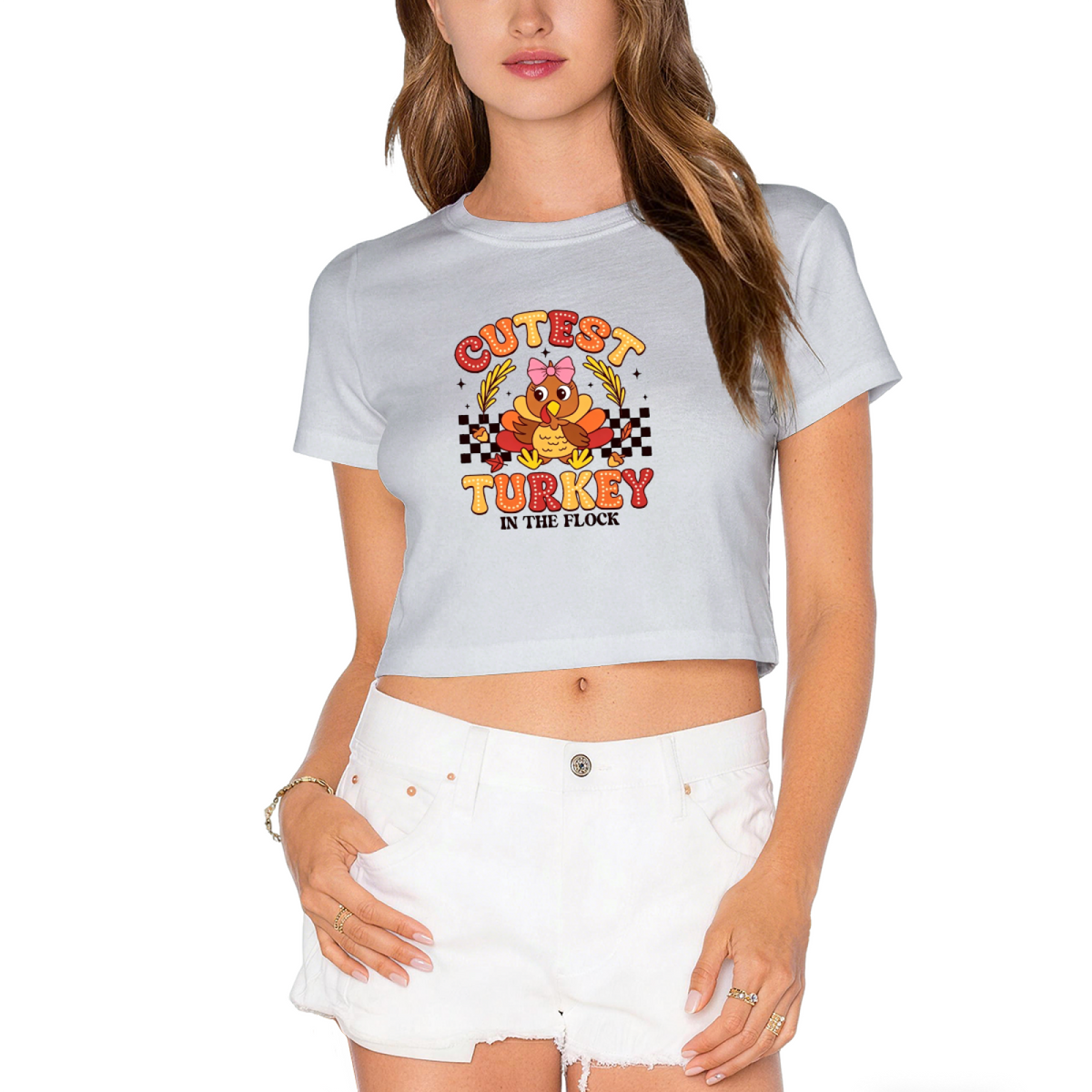 Cutest Turkey In The Flock Fun Thanksgiving Cropped T?Shirt