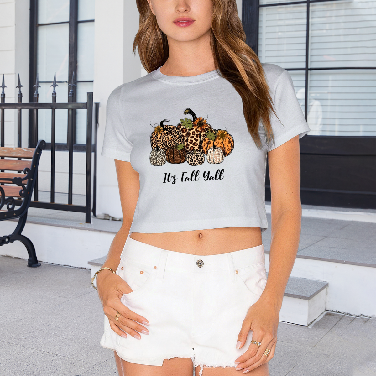 It's Fall Y'all Leopard Print Pumpkin Autumn Season Crop Top