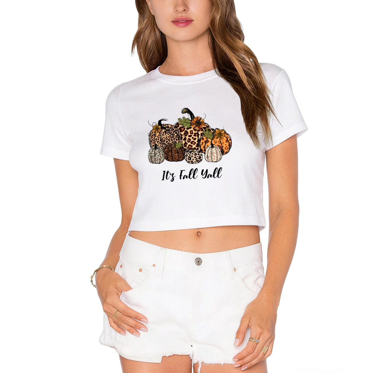 It's Fall Y'all Leopard Print Pumpkin Autumn Season Crop Top