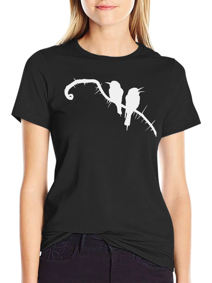 Black T-Shirt with Birds on Thorny Branch Graphic
