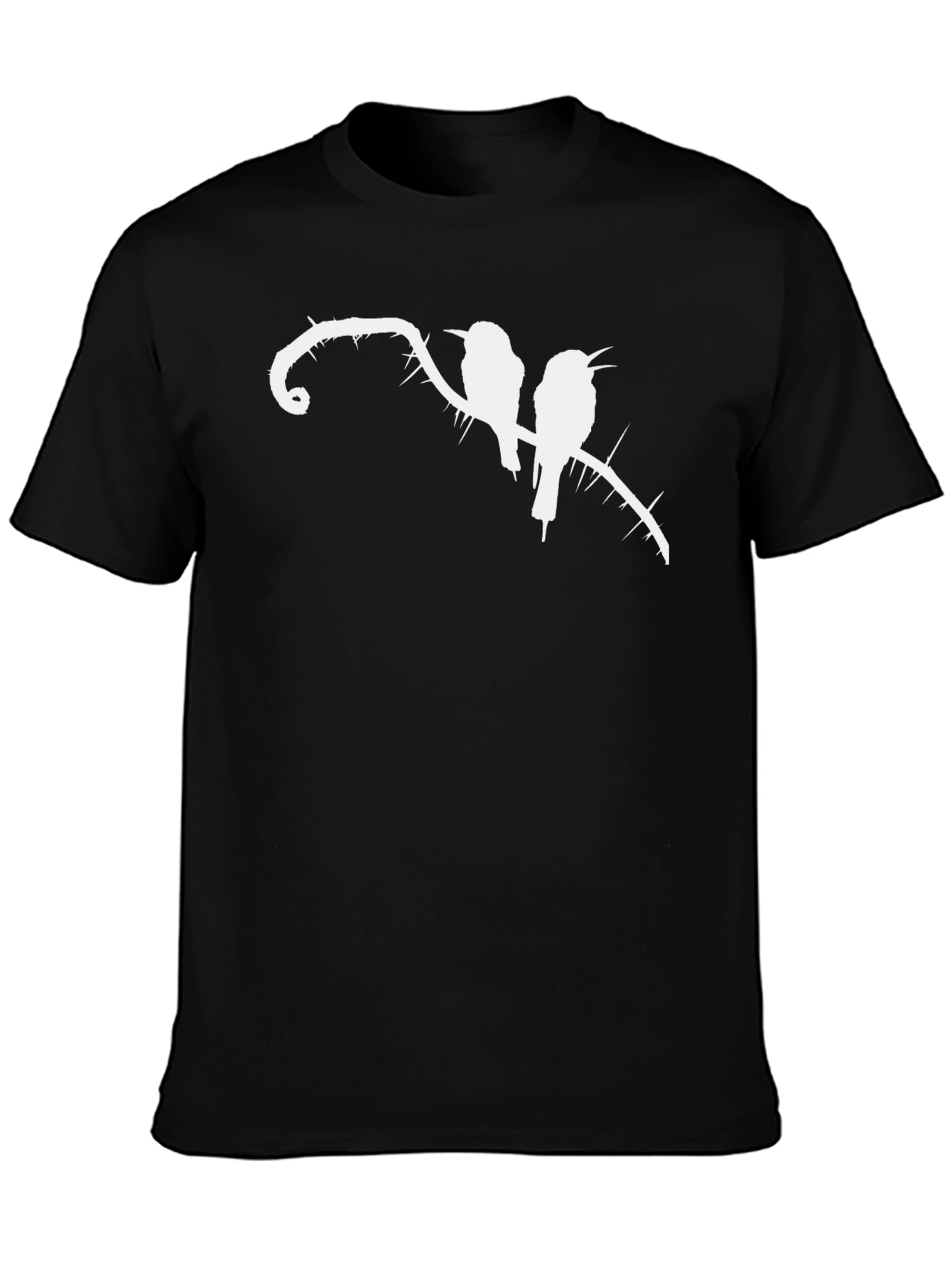 Black T-Shirt with Birds on Thorny Branch Graphic