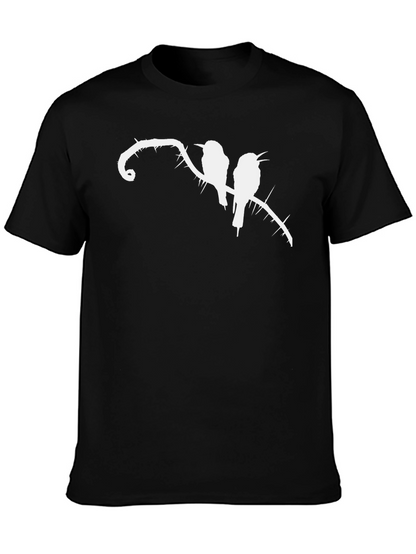 Black T-Shirt with Birds on Thorny Branch Graphic