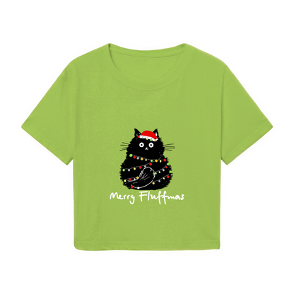 Merry Fluffmas Black Cat Tangled In Xmas Lights Cute Holiday Crop Tee