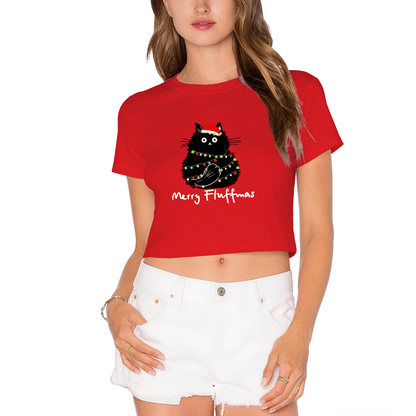 Merry Fluffmas Black Cat Tangled In Xmas Lights Cute Holiday Crop Tee