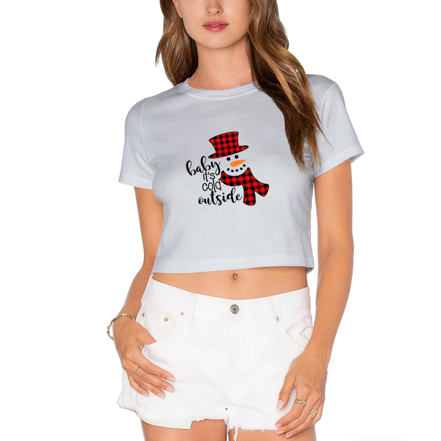 Baby It¡¯s Cold Outside Buffalo Plaid Snowman Holiday Crop Top