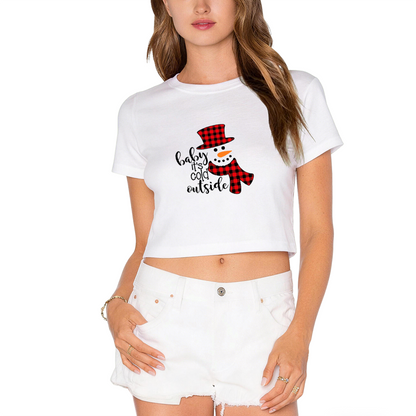 Baby It¡¯s Cold Outside Buffalo Plaid Snowman Holiday Crop Top