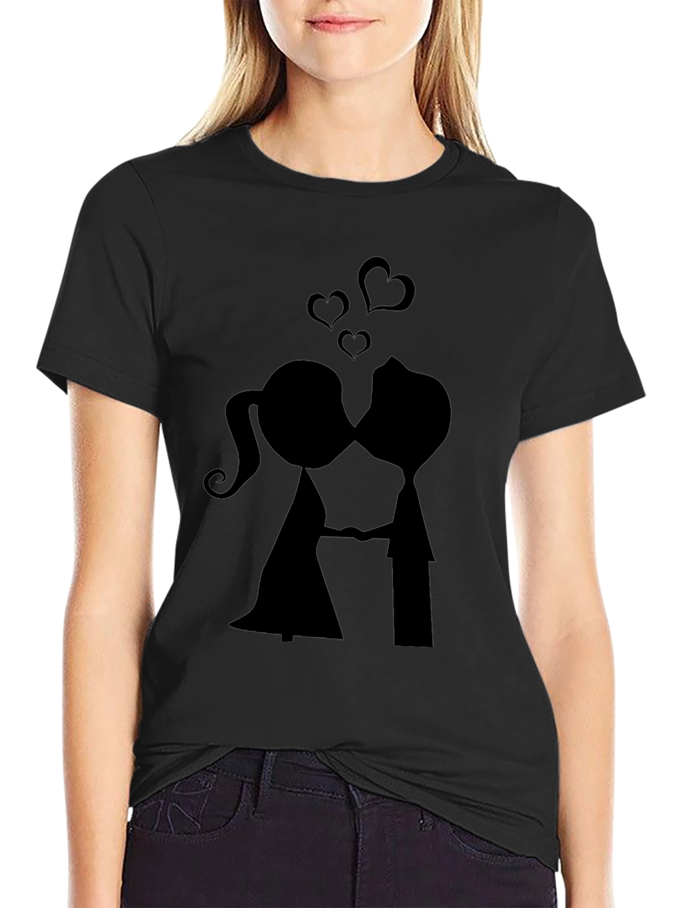 Kissing Couple Black Graphic Tee - Romantic Design