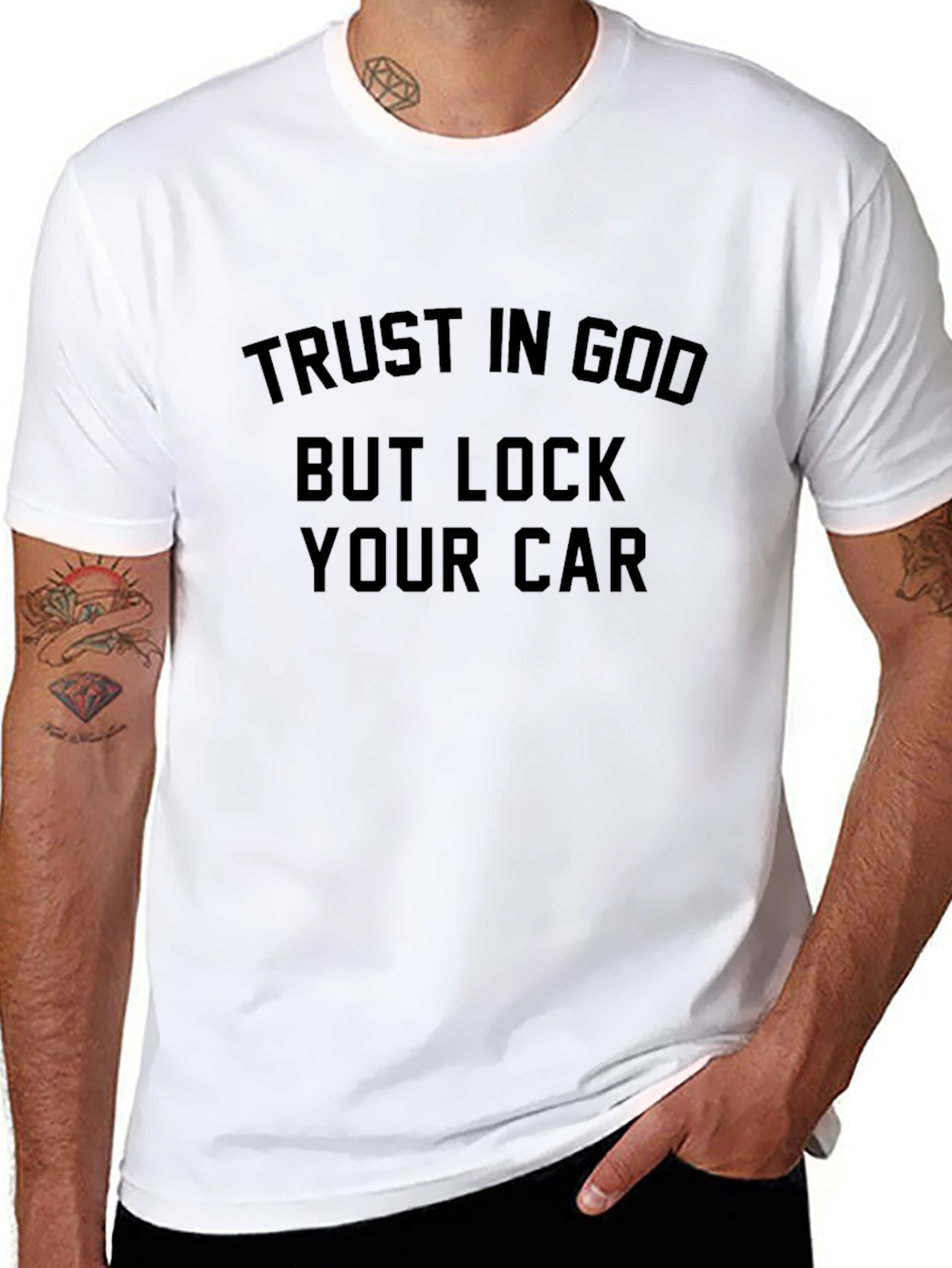 Trust God Lock Car Black T-Shirt
