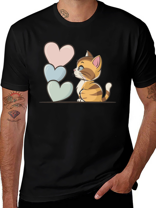 Cute Kitten & Hearts Graphic Tee - Unisex Black T-Shirt