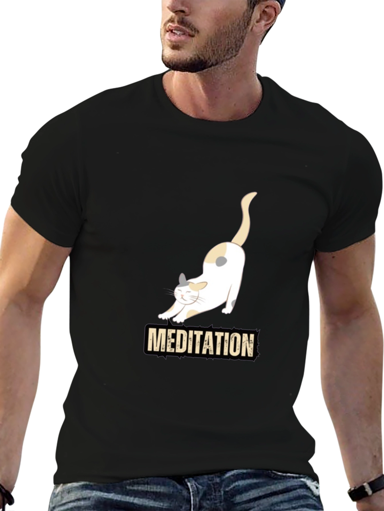 Meditating Cat Graphic T-Shirt - Black