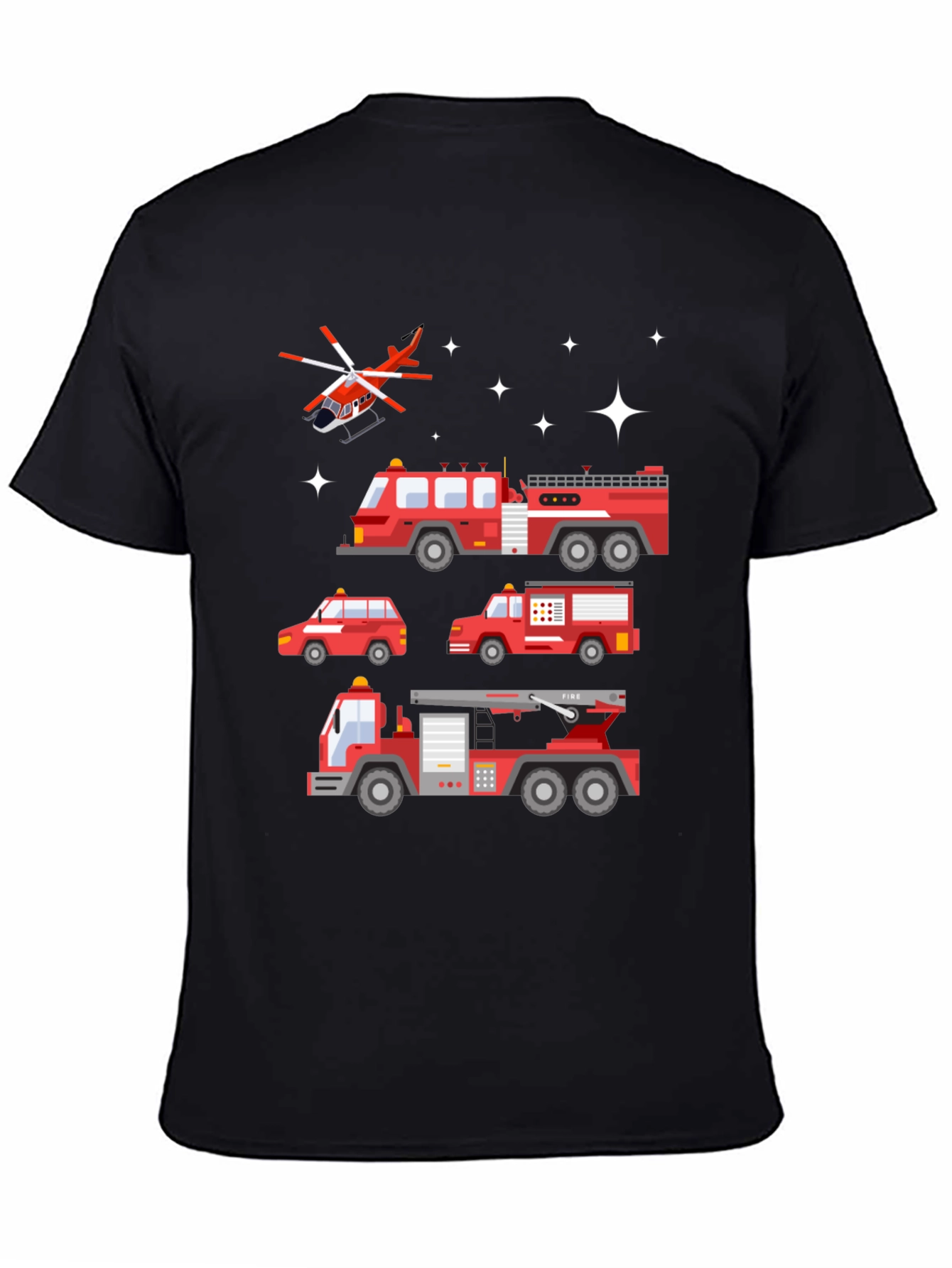 Fire Trucks Graphic Tee - Black Cotton T-Shirt
