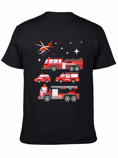 Fire Trucks Graphic Tee - Black Cotton T-Shirt