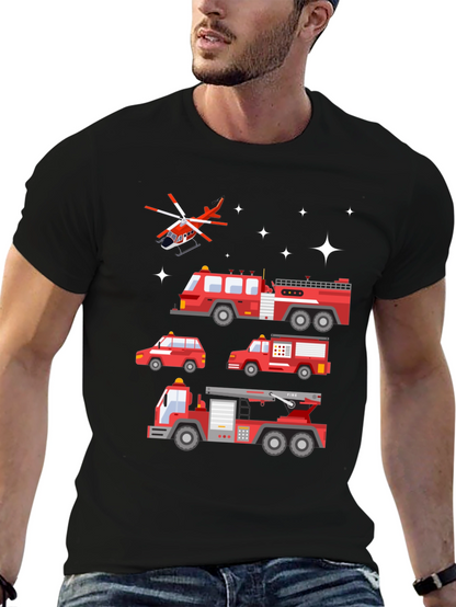 Fire Trucks Graphic Tee - Black Cotton T-Shirt