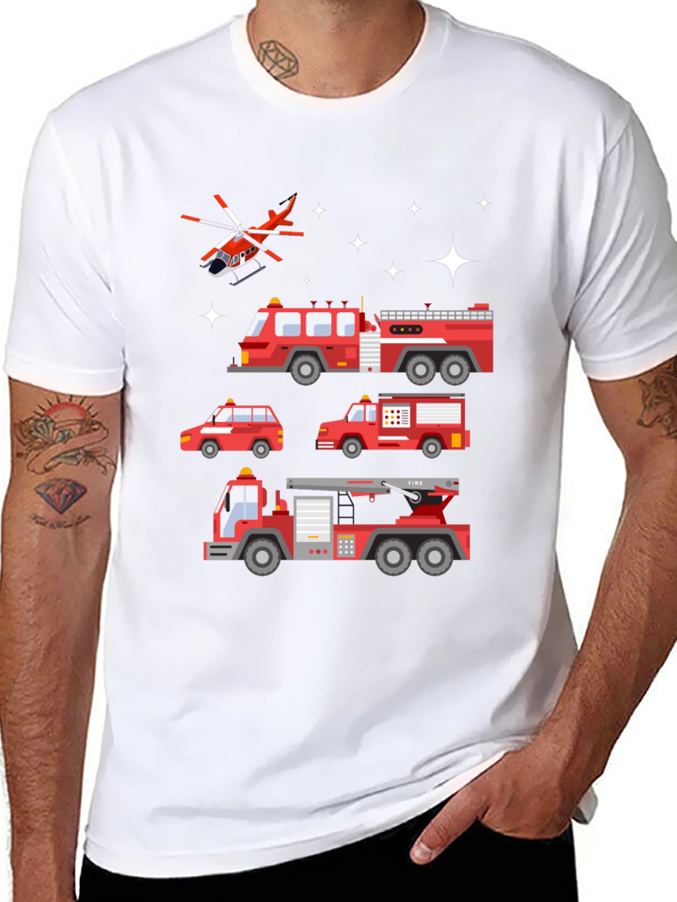 Fire Trucks Graphic Tee - Black Cotton T-Shirt