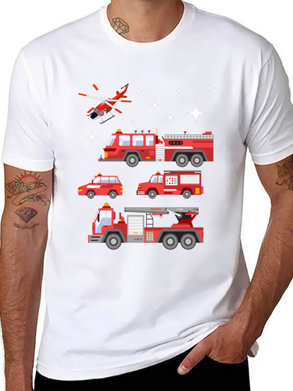 Fire Trucks Graphic Tee - Black Cotton T-Shirt