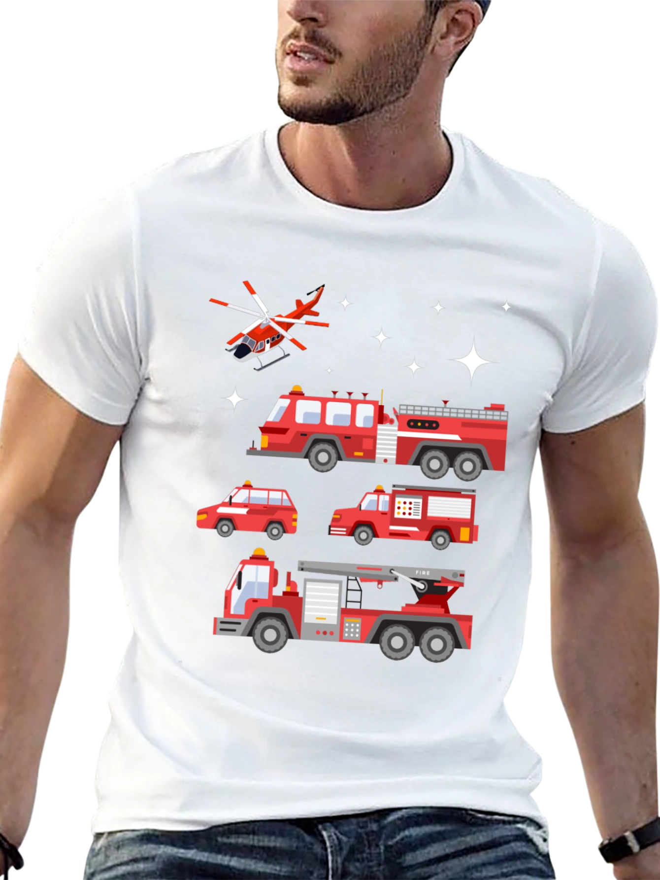 Fire Trucks Graphic Tee - Black Cotton T-Shirt