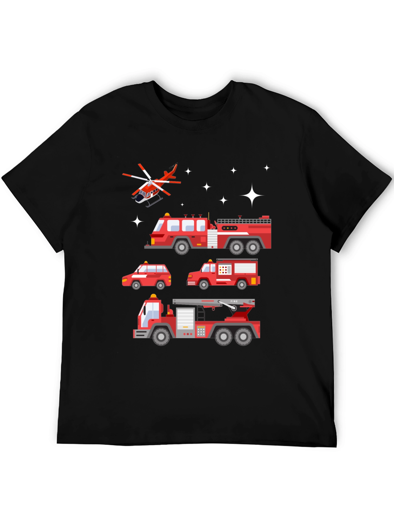 Fire Trucks Graphic Tee - Black Cotton T-Shirt
