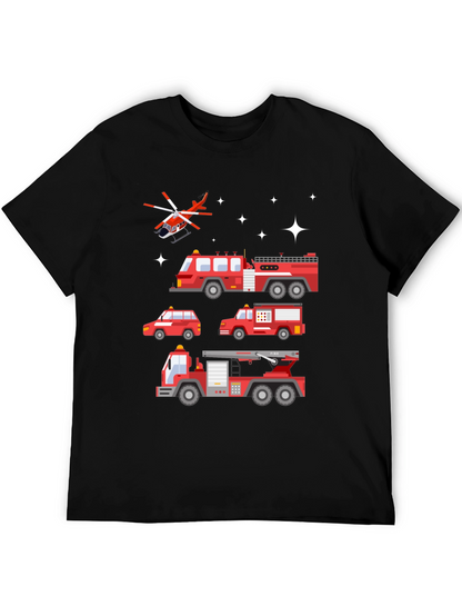 Fire Trucks Graphic Tee - Black Cotton T-Shirt