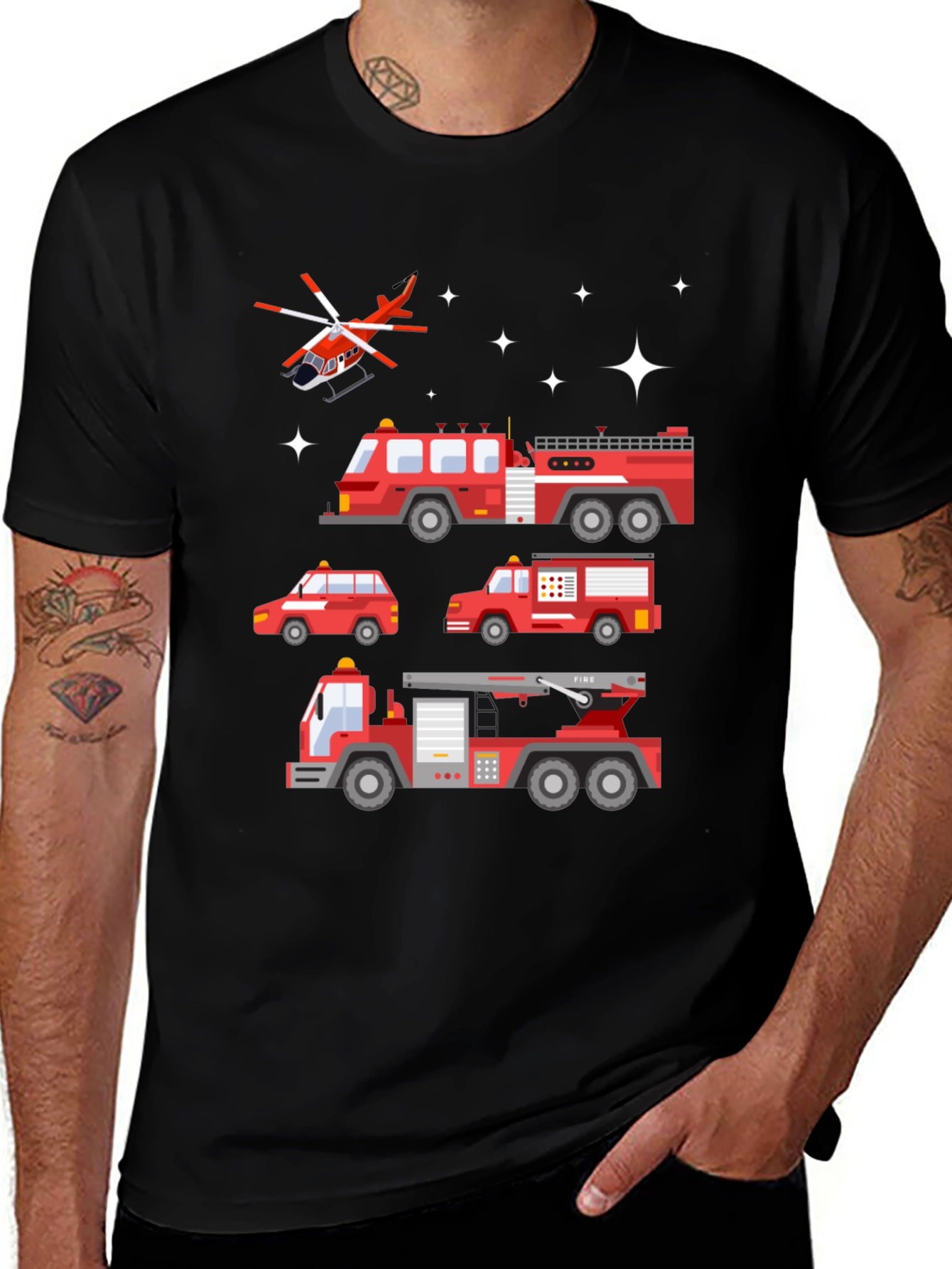 Fire Trucks Graphic Tee - Black Cotton T-Shirt