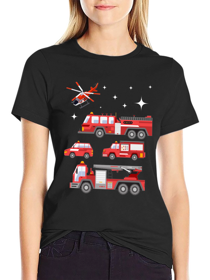 Fire Trucks Graphic Tee - Black Cotton T-Shirt