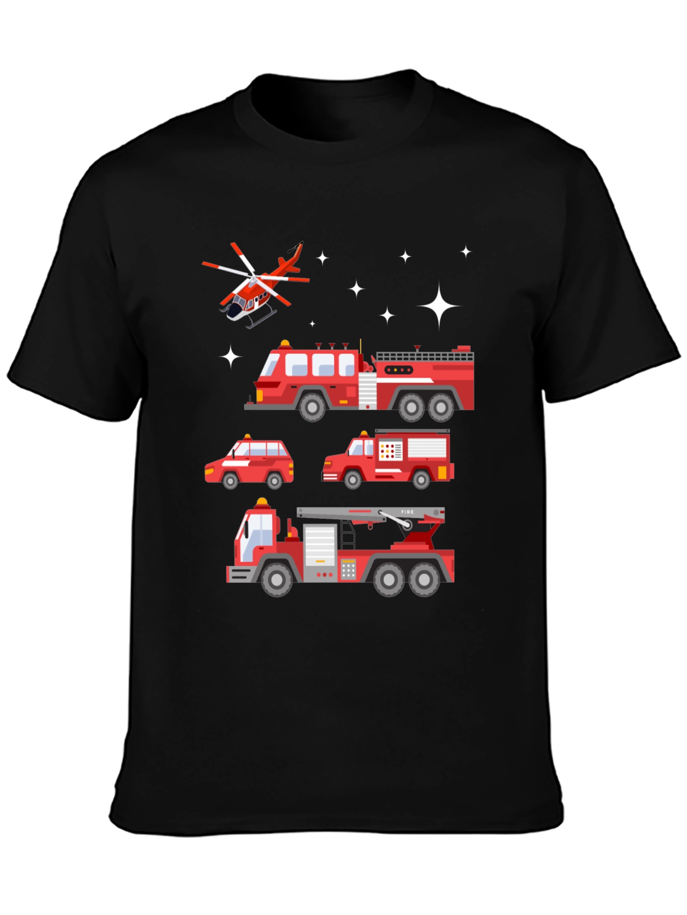 Fire Trucks Graphic Tee - Black Cotton T-Shirt