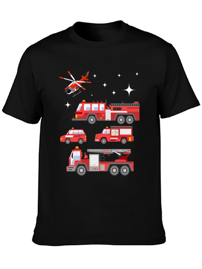 Fire Trucks Graphic Tee - Black Cotton T-Shirt
