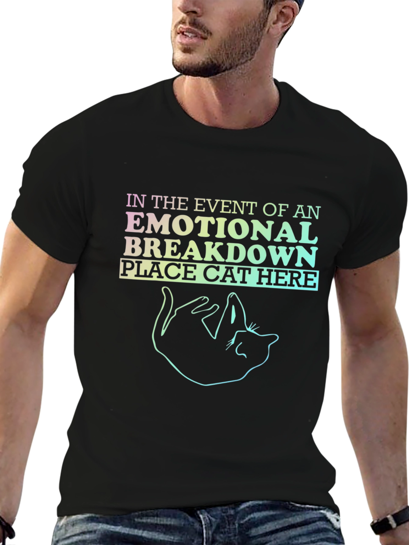 Emotional Breakdown Cat Graphic Tee - Black