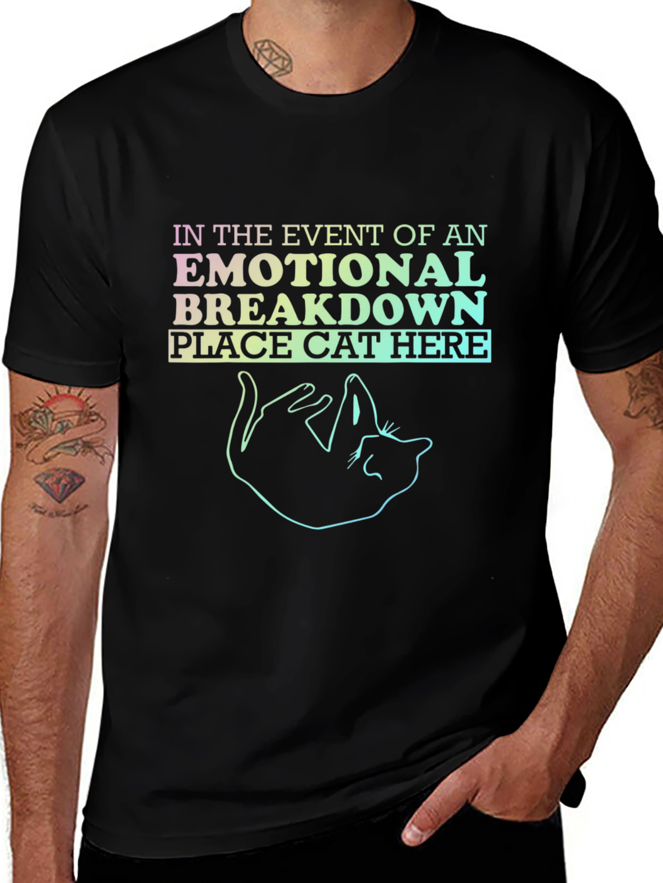 Emotional Breakdown Cat Graphic Tee - Black
