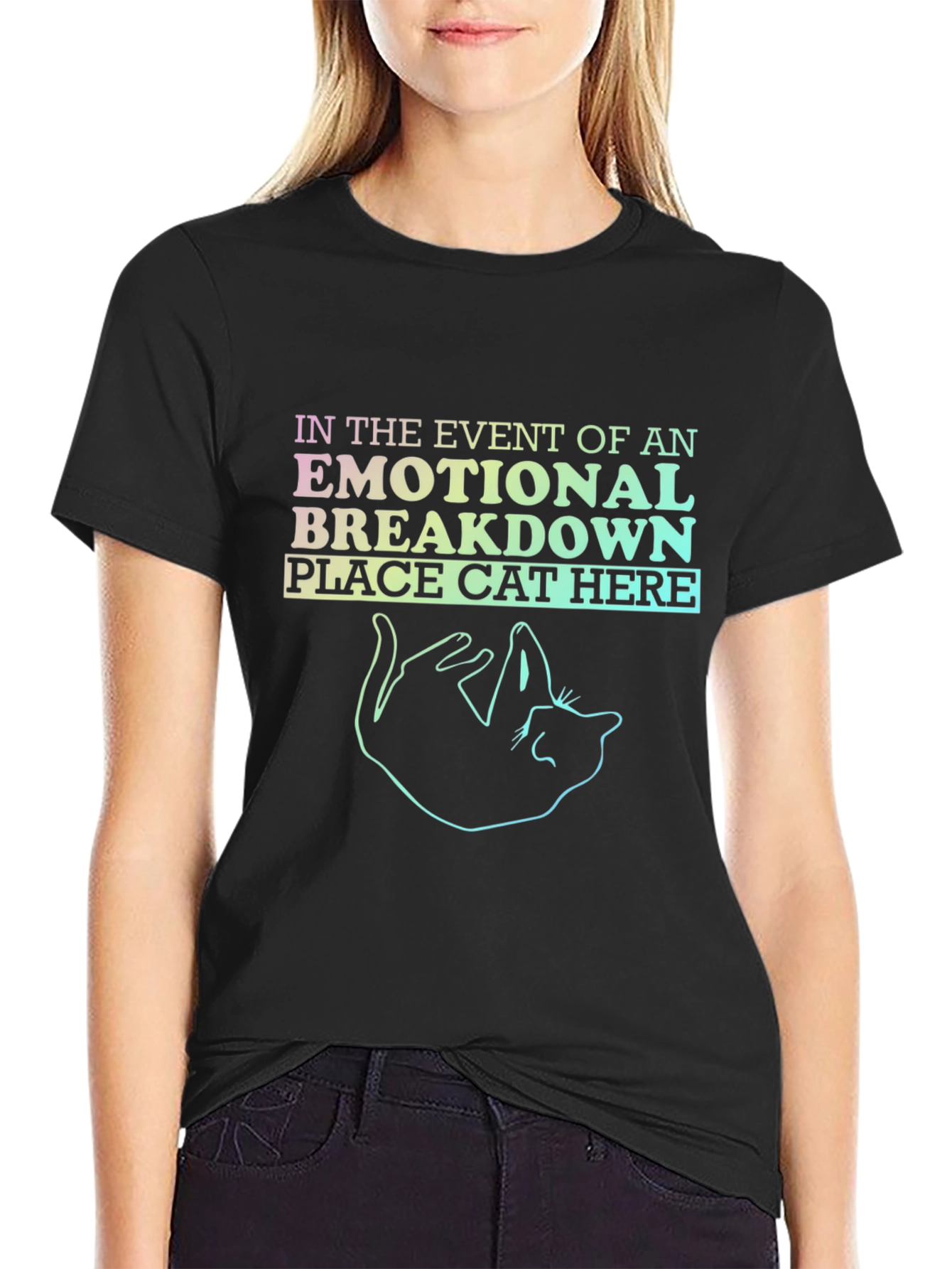 Emotional Breakdown Cat Graphic Tee - Black