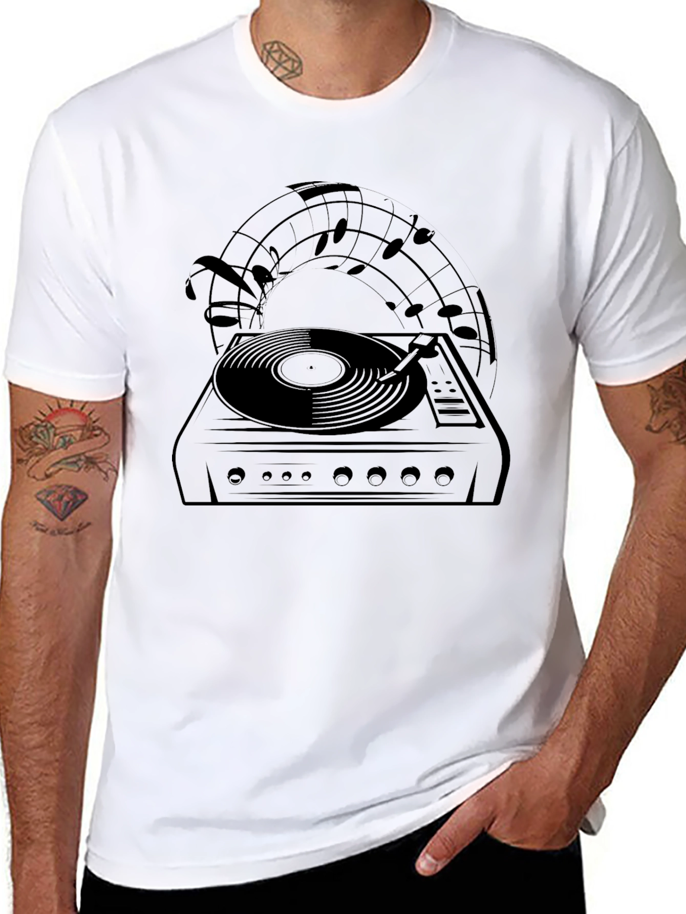 Retro Turntable Music Notes Black Graphic Tee