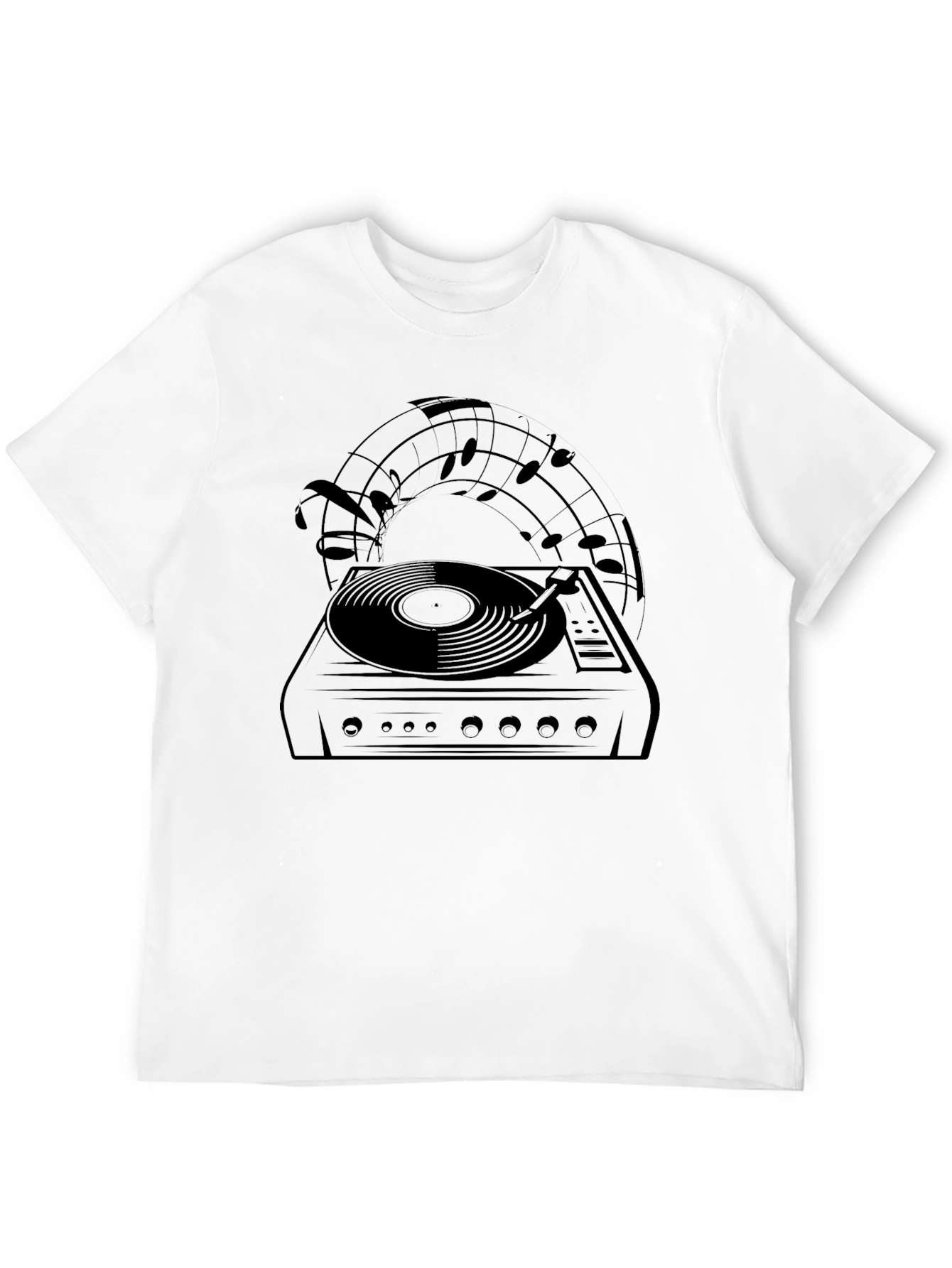 Retro Turntable Music Notes Black Graphic Tee