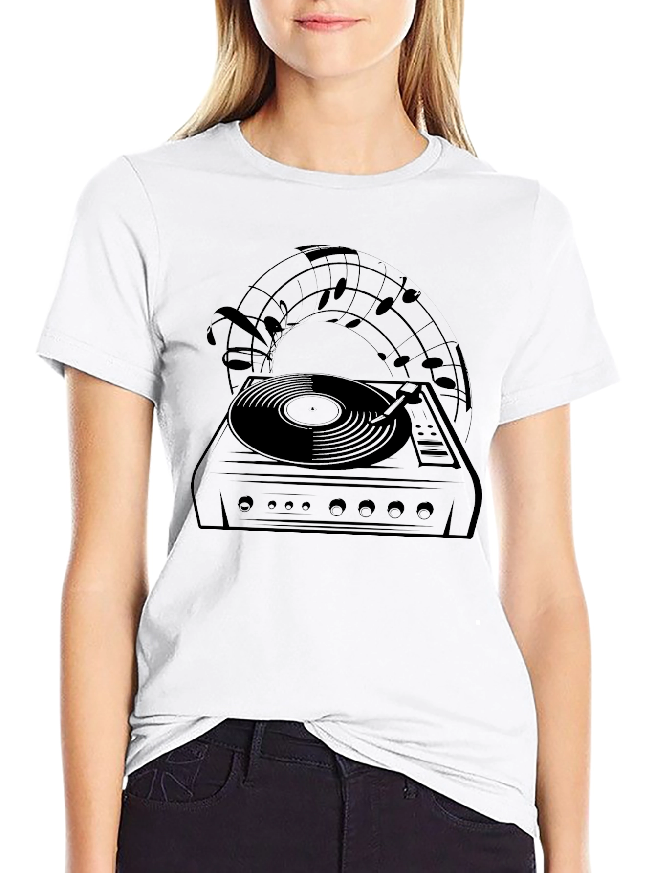 Retro Turntable Music Notes Black Graphic Tee