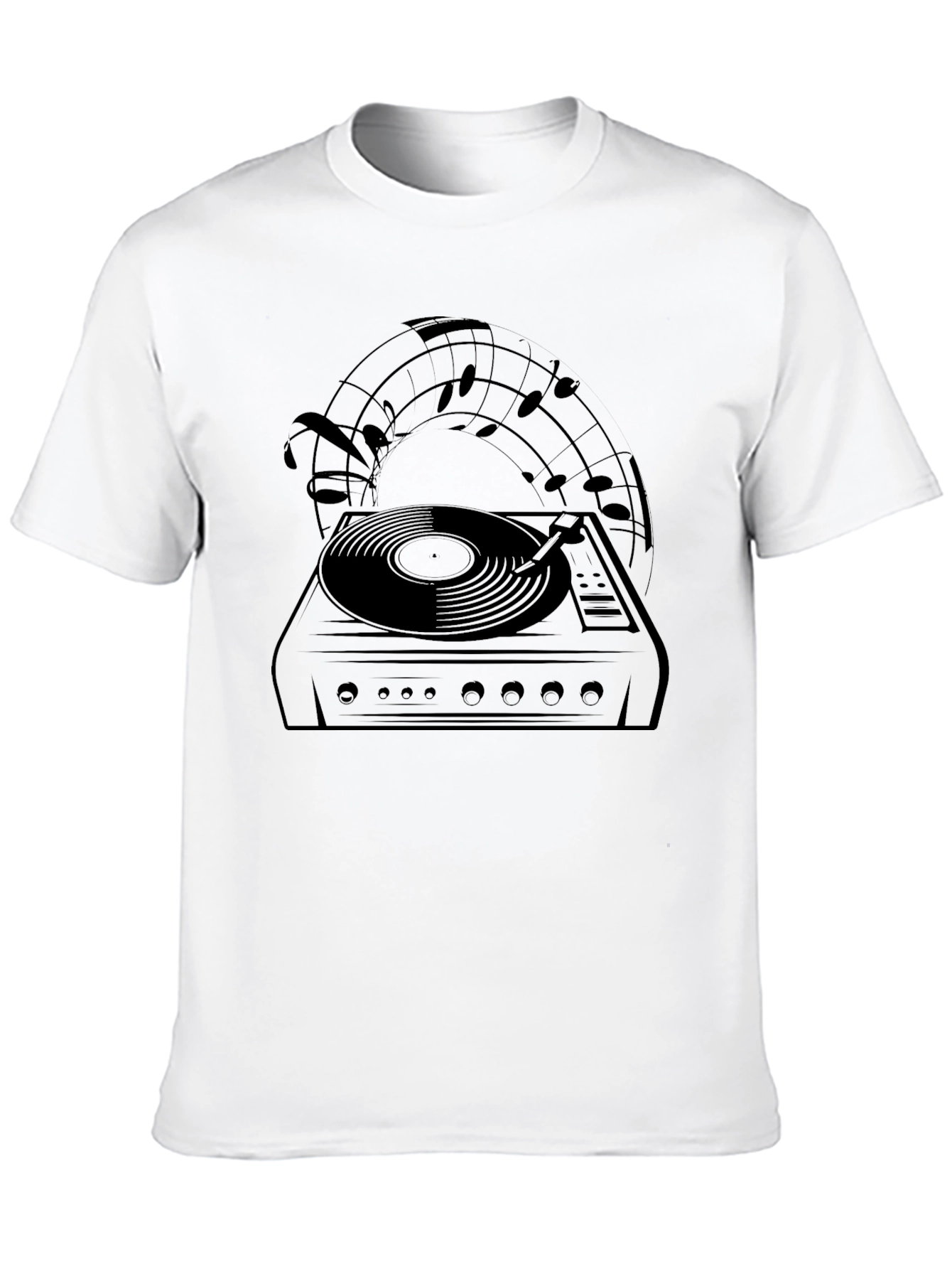 Retro Turntable Music Notes Black Graphic Tee