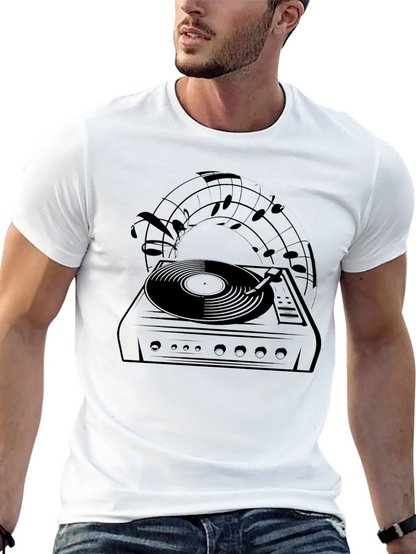Retro Turntable Music Notes Black Graphic Tee