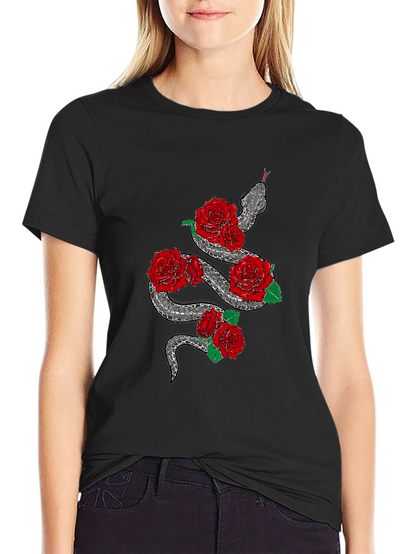 Snake and Roses Graphic Black T-Shirt
