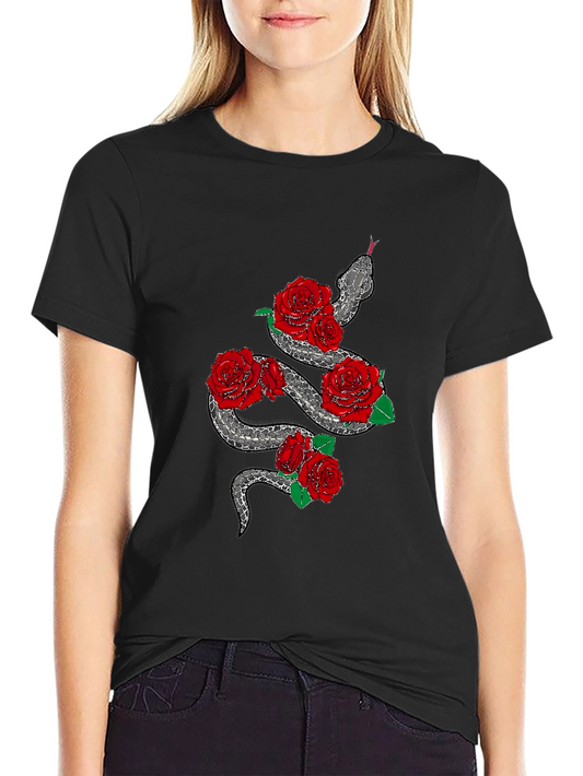 Snake and Roses Graphic Black T-Shirt