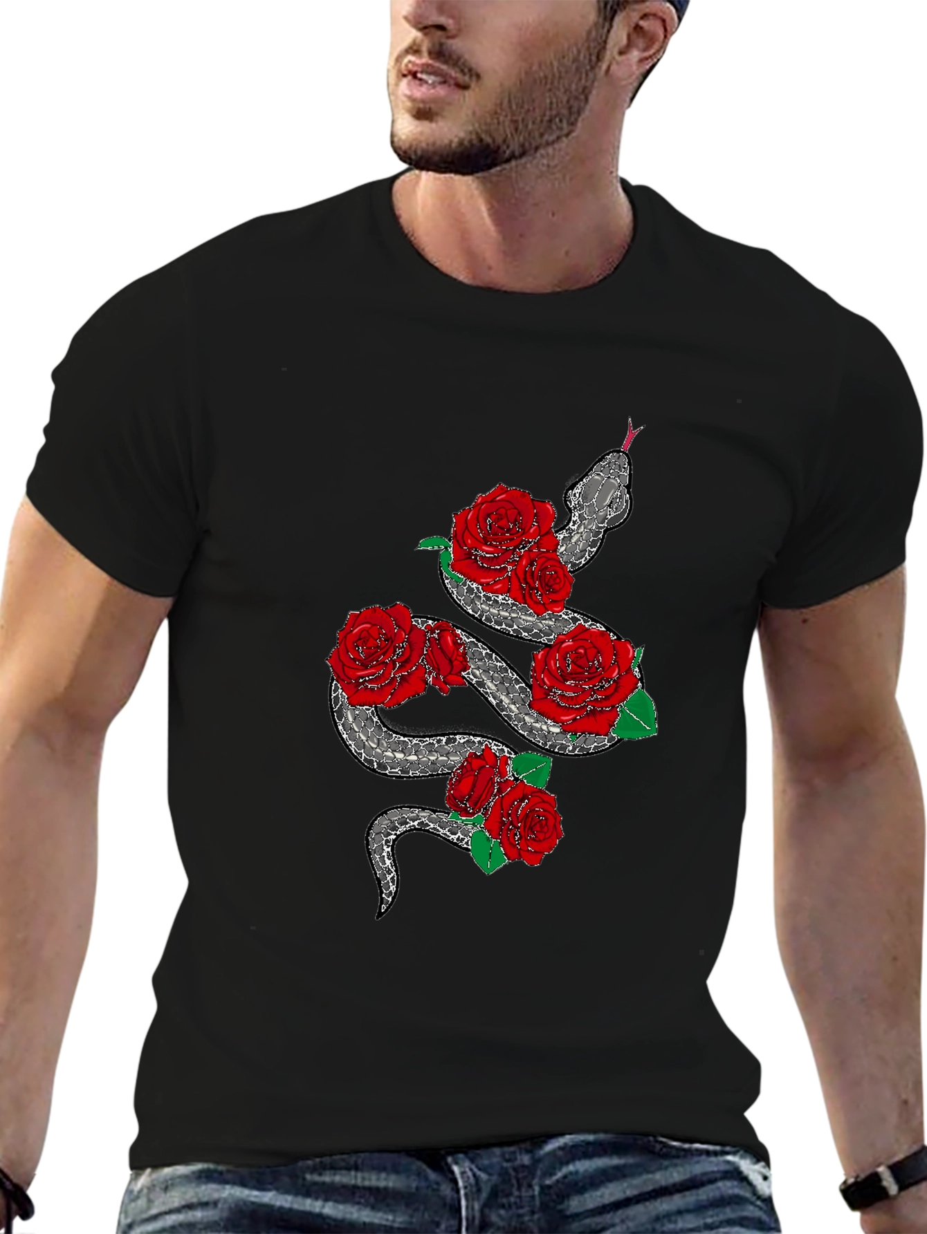 Snake and Roses Graphic Black T-Shirt