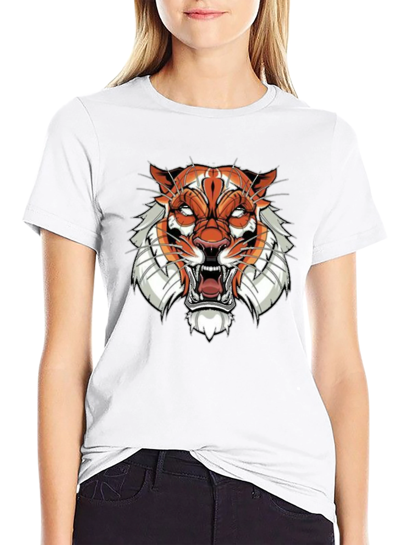 Black Graphic Tee with Tiger Face Design