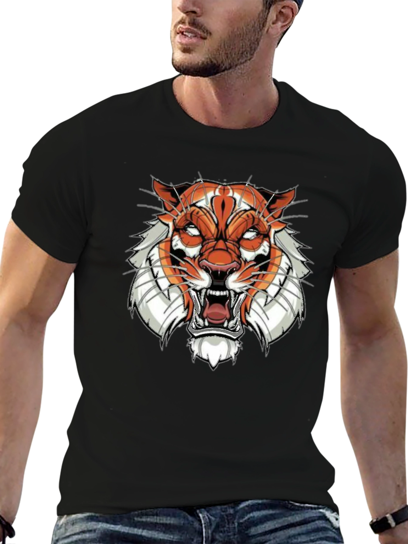 Black Graphic Tee with Tiger Face Design