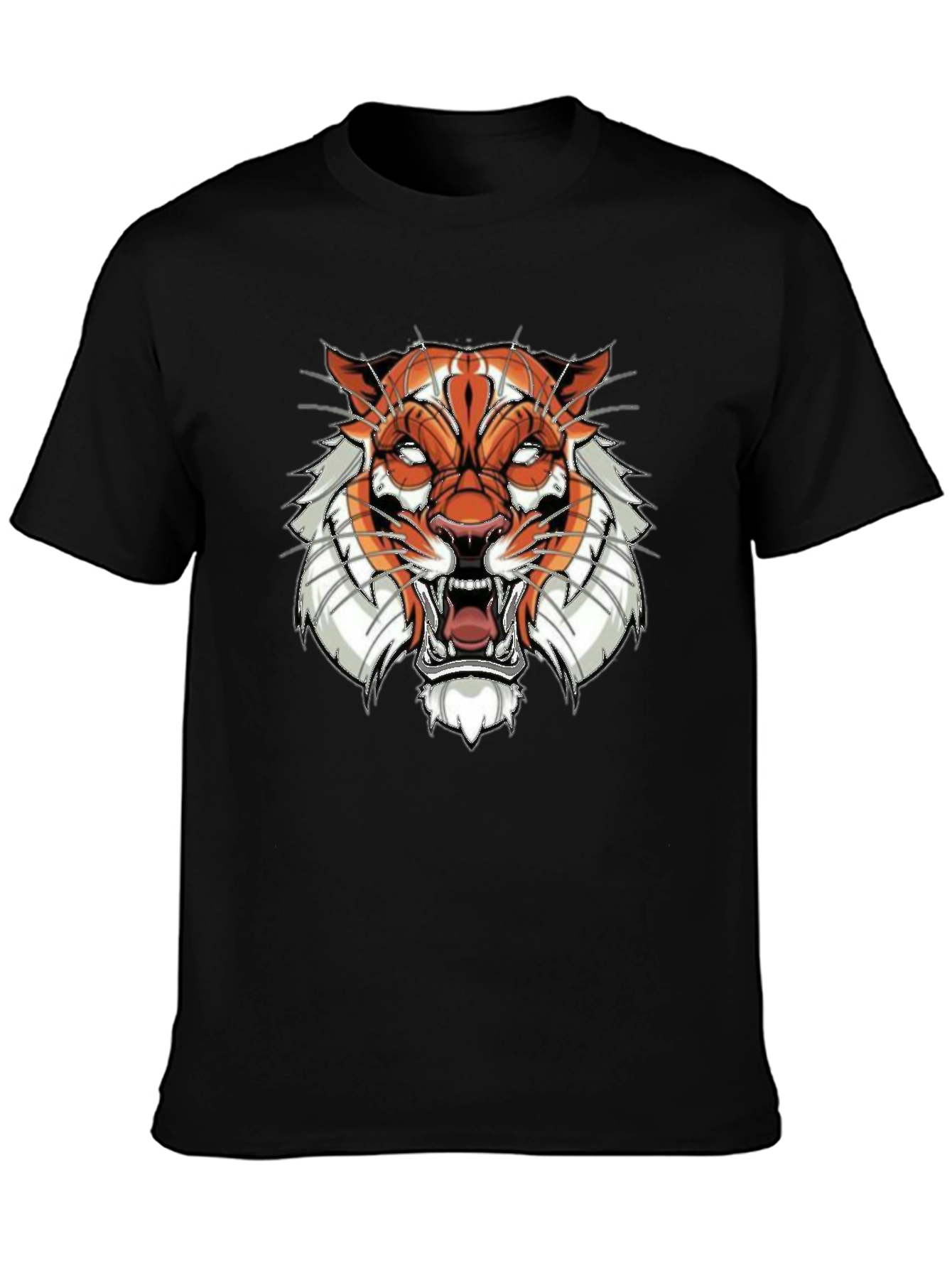 Black Graphic Tee with Tiger Face Design