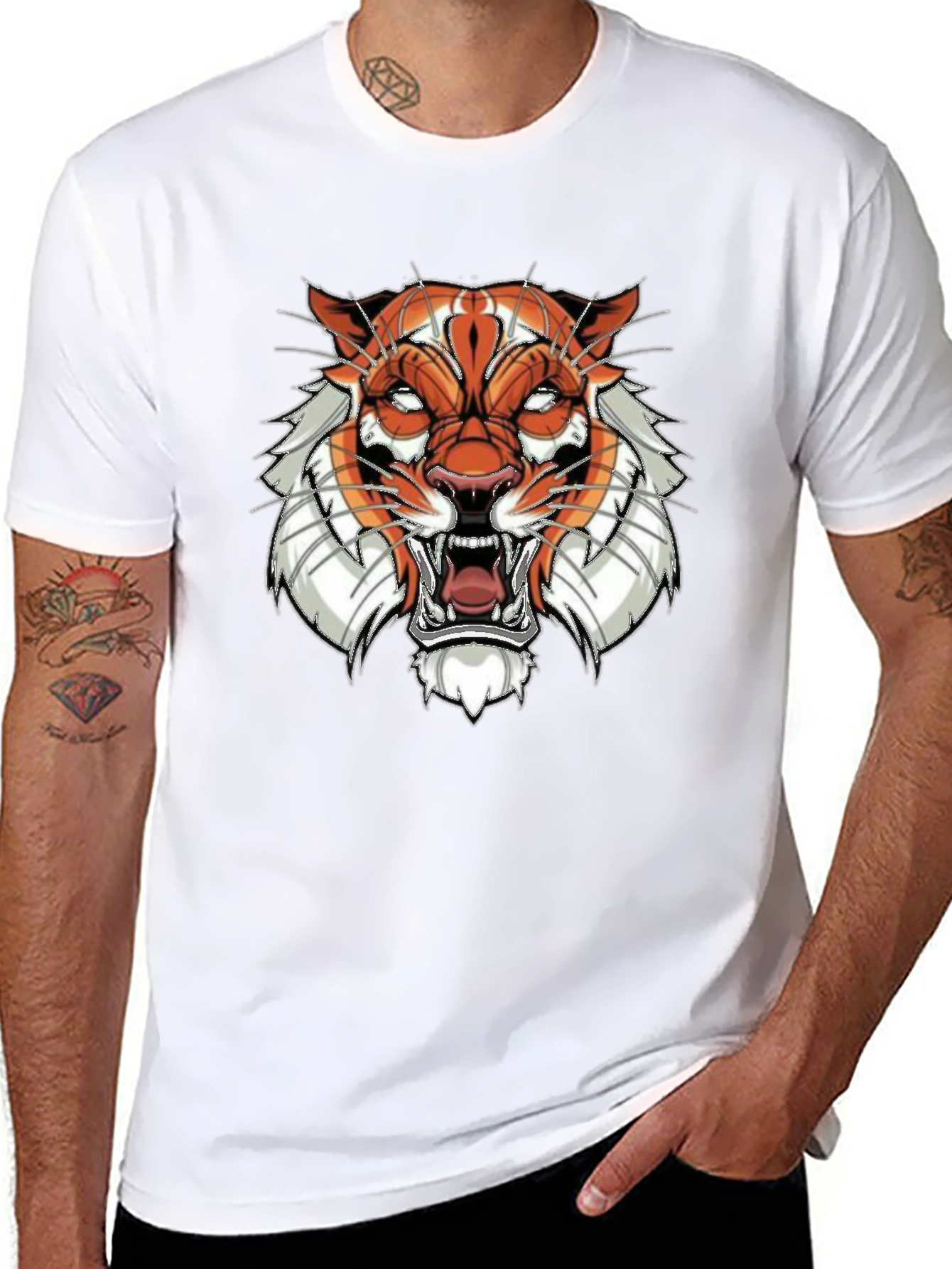 Black Graphic Tee with Tiger Face Design