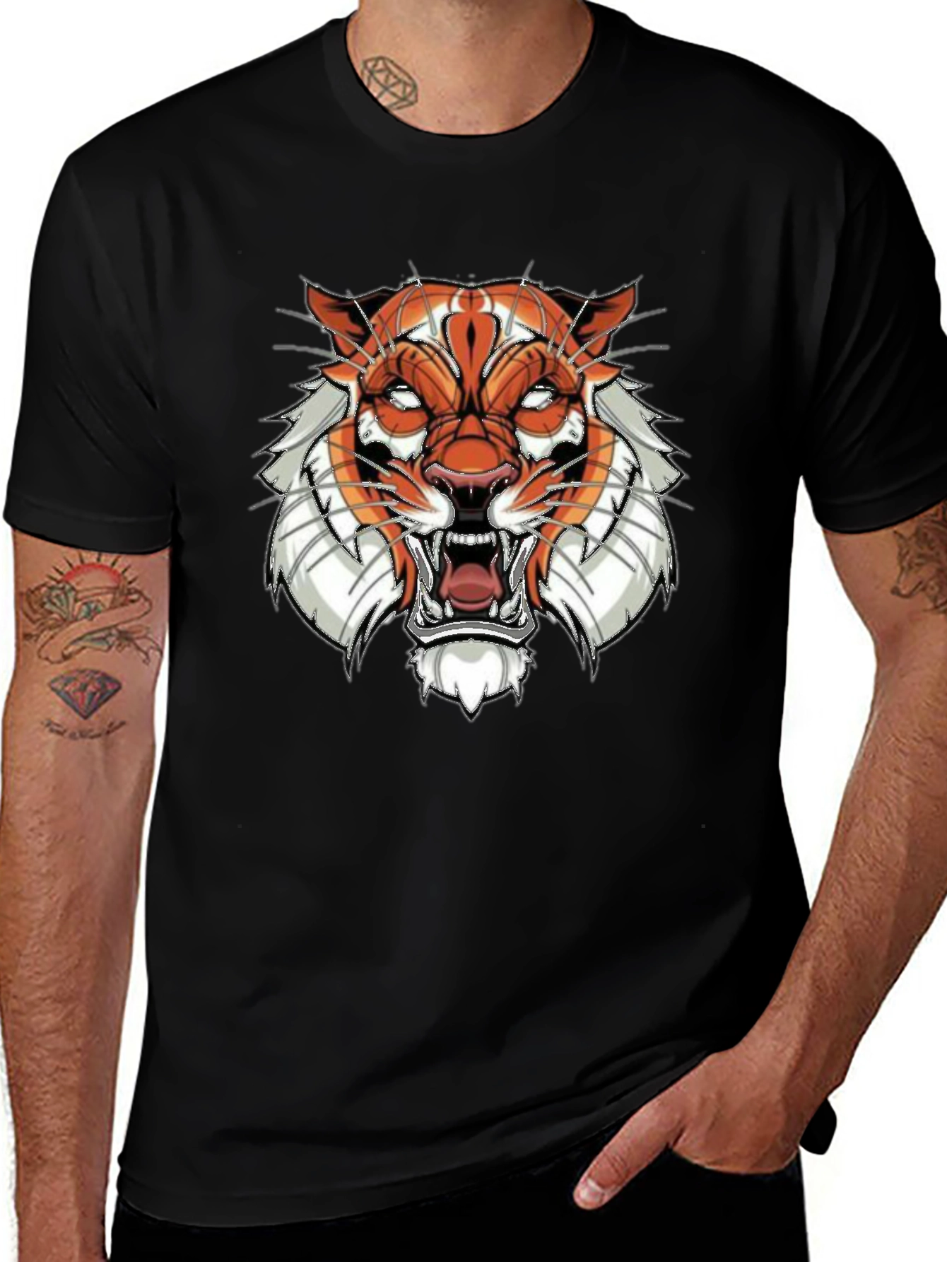 Black Graphic Tee with Tiger Face Design