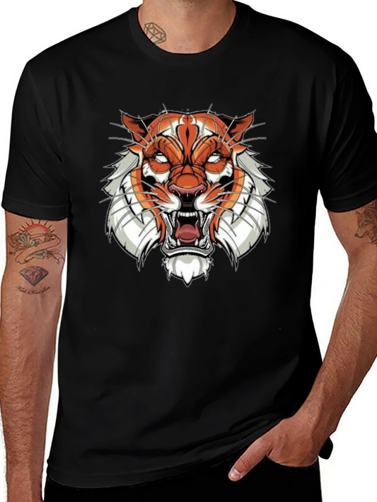 Black Graphic Tee with Tiger Face Design